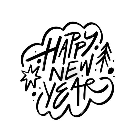 Illustration for A striking Happy New Year message in black ink lettering stands out against a clean white background, radiating a sense of celebration and anticipation for the upcoming year. - Royalty Free Image
