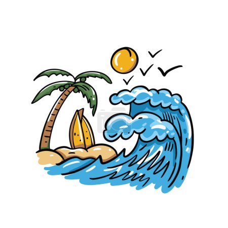 Isla tropical con palmeras, tablas de surf, olas, sol y aves simbolizan unas vacaciones de verano en la playa