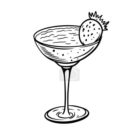 Black and white hand-drawn cocktail glass with a strawberry garnish, perfect for bar or drink designs.