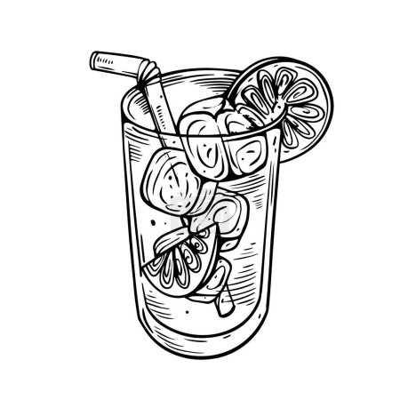 Black and white illustration of a tall glass of lemonade with lemon slices and a straw, hand-drawn style.