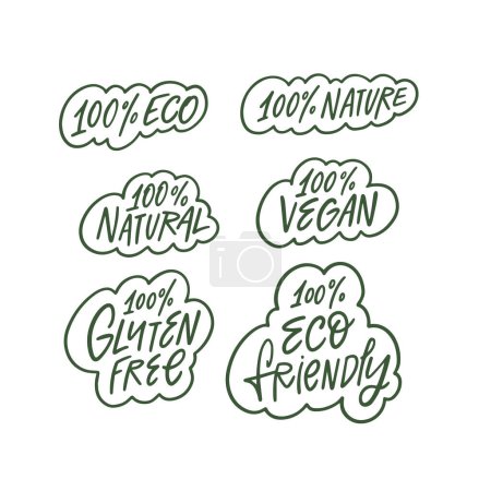 Téléchargez les illustrations : Collection d'étiquettes de produits écologiques et végétaliens favorisant les bienfaits naturels, sans gluten et respectueux de la nature. - en licence libre de droit