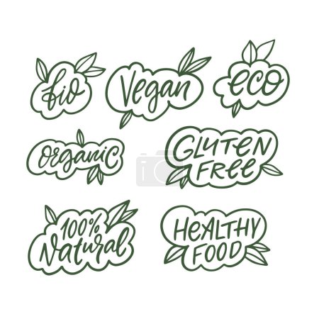 Set of eco-friendly and health-conscious food labels and badges including organic, vegan, and gluten-free.