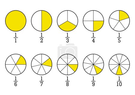 Tarta de fracción dividida en rodajas. Conjunto de círculos segmentados. Juego de piezas de diagrama redondo de rueda. Infografía de segmentos. Ficha informativa. Signo matemático. Conjunto de negocios. Ilustración vectorial.
