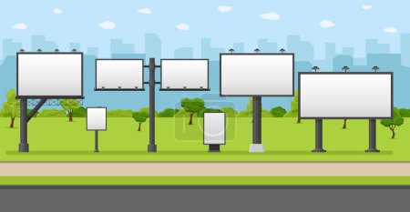 Illustration for Billboard blank set. Urban landscape with empty billboard. City outdoor blank banner large format for advertise media. Outdoor advertising poster template. Empty bill board for ad media. Vector. - Royalty Free Image