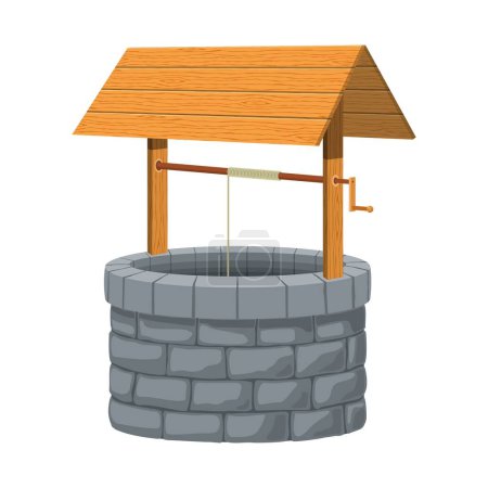 Old village stone water well with wooden roof isolated on white background. Rustic stone protective cover old traditional drinking water lift must have in city and village since ancient times. Vector.