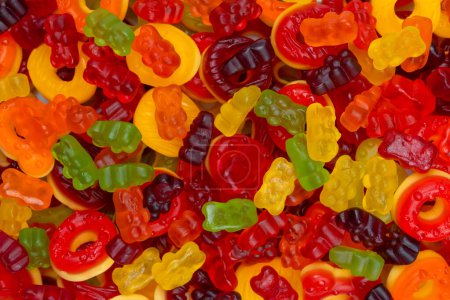 Photo for Assorted colorful gummy candies. Top view. Jelly donuts. Jelly bears. - Royalty Free Image