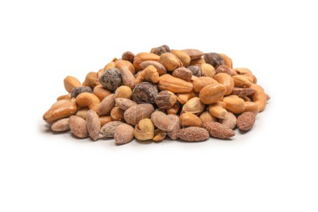 Mix of tasty salty nuts.  A group of almonds, pistachios, walnuts, macadamia, cashews.
