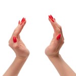 Woman hands with red nails shows frame symbol isolated on white background. Woman hand holding something. 