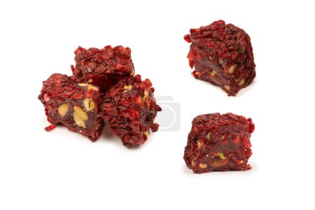 Sweet roll with pomegranate and nuts, turkish sweets. Turkish rahat isolated on a  white background.