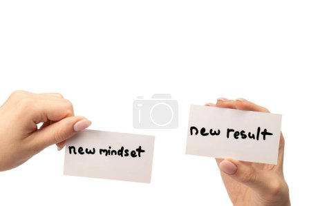 New mindset - new result  text on a card in a woman hand isolated on a white background.  