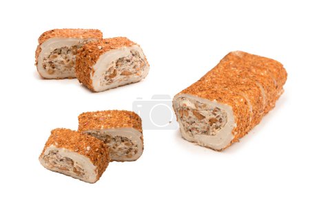 Sweet roll with nuts, turkish sweets. Turkish rahat isolated on a  white background. 