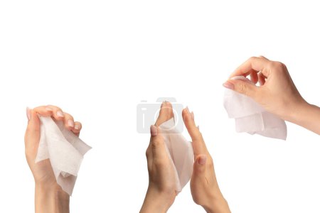 Toallita húmeda en una mano de mujer aislada sobre un fondo blanco. Lavarse las manos aisladas. 