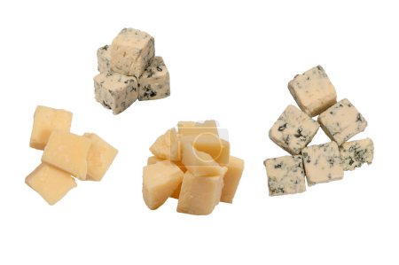 Cheese cubes isolated on a white background. Top view. 