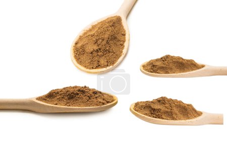 Mix spices on wooden spoon isolated on white background. 