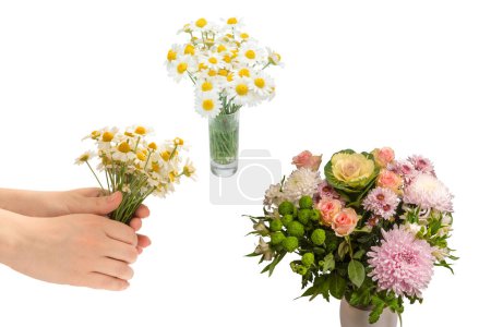 Bouquet of flowers with pink roses, brassica flower, chrysanthemum and freesia flower in a vase isolated on a white background. 