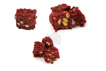 Photo for Sweet roll with pomegranate and nuts, turkish sweets. Turkish rahat isolated on a  white background. - Royalty Free Image