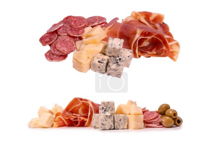 Photo for A plate with snacks for wine. Cheese, olives, salami, jamon isolated on a white backgrund. - Royalty Free Image