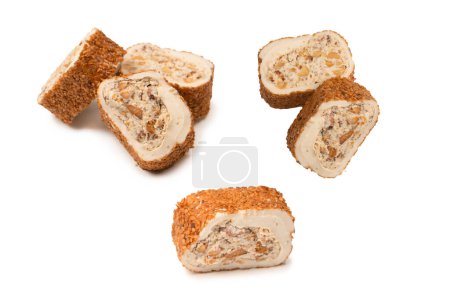 Photo for Sweet roll with nuts, turkish sweets. Turkish rahat isolated on a  white background. - Royalty Free Image