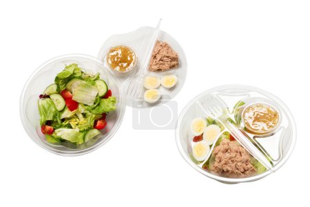 Fresh tuna salad with lettuce, cucombers, cherries and eggs in plastic container.  Top view. 
