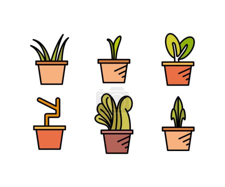 Téléchargez les illustrations : Pot de plante icônes ensemble vectoriel illustration - en licence libre de droit