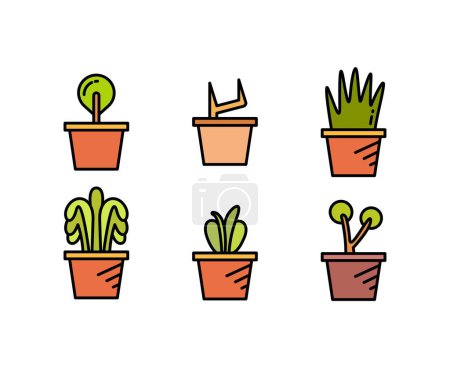 Téléchargez les illustrations : Pot de plante icônes ensemble vectoriel illustration - en licence libre de droit