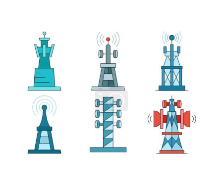 Téléchargez les illustrations : Communication and network tower icons set - en licence libre de droit