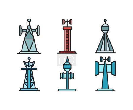 Illustration for Communication and network tower icons set - Royalty Free Image