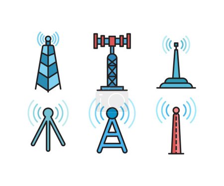 Téléchargez les illustrations : Communication and network tower icons set - en licence libre de droit