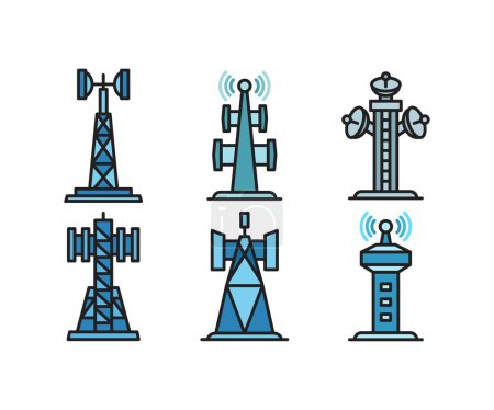 Illustration for Communication and network tower icons set - Royalty Free Image