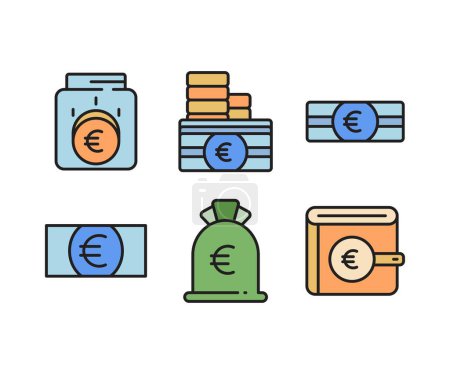 Téléchargez les illustrations : Pièces, billets et icônes de financement en euros - en licence libre de droit