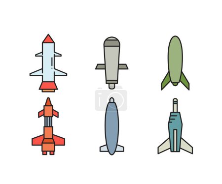 Téléchargez les illustrations : Missile guidé et fusée icônes ensemble - en licence libre de droit