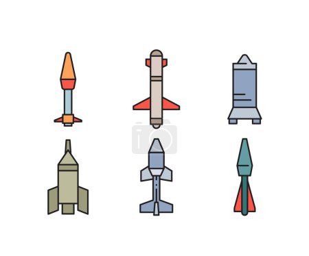 Téléchargez les illustrations : Missile guidé et fusée icônes ensemble - en licence libre de droit