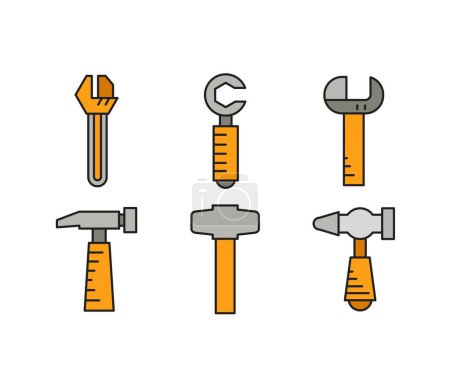 Téléchargez les illustrations : Outil de marteau et clé icônes ensemble - en licence libre de droit