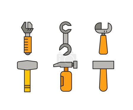 Téléchargez les illustrations : Outil de marteau et clé icônes ensemble - en licence libre de droit