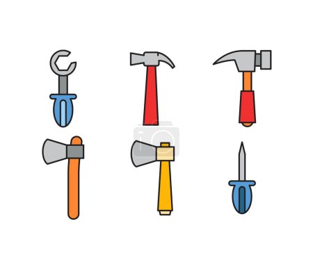 Téléchargez les illustrations : Ensemble d'icônes de hache, clé et marteau - en licence libre de droit
