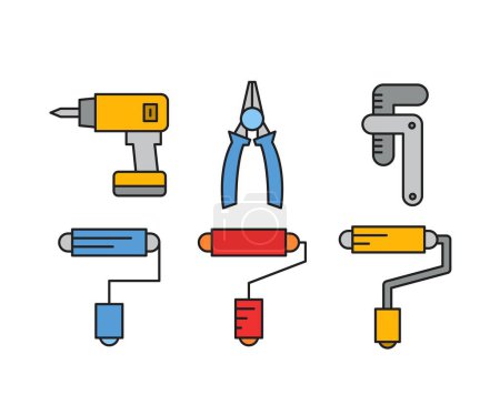 Illustration for Paint roller, pliers, electric drill and wrench icons - Royalty Free Image