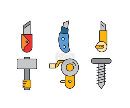 Téléchargez les illustrations : Couteau de coupe, marteau et les icônes de scie électrique ensemble - en licence libre de droit