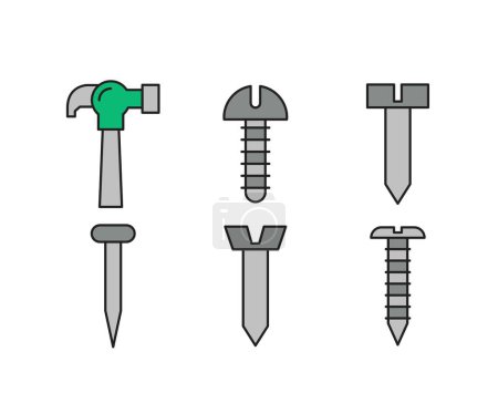 Illustration for Bolt, tack, nail and hammer icons set - Royalty Free Image