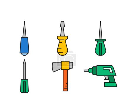 Illustration for Screwdriver, axe and drill icons illustration - Royalty Free Image