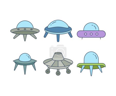 Téléchargez les illustrations : Soucoupe volante et icônes ufo ensemble illustration vectorielle - en licence libre de droit