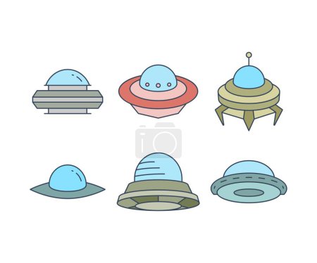 Téléchargez les illustrations : Soucoupe volante et icônes ufo ensemble illustration vectorielle - en licence libre de droit