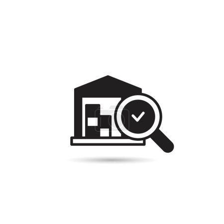 Illustration for Warehouse and magnifier with check mark icon on white background - Royalty Free Image