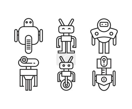 Téléchargez les illustrations : Icônes robot dessin animé définir illustration ligne - en licence libre de droit