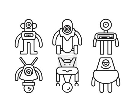 Téléchargez les illustrations : Icônes robot dessin animé définir illustration ligne - en licence libre de droit