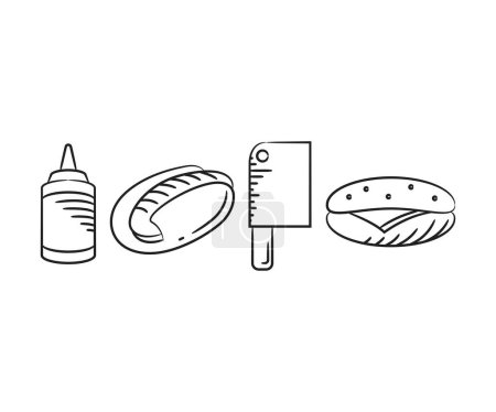 Téléchargez les illustrations : Esquisse dessinée à la main hot dog, hamburger et des icônes couteau - en licence libre de droit