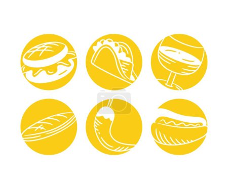 Téléchargez les illustrations : Croquis nourriture et dessert sur des boutons jaunes illustration - en licence libre de droit