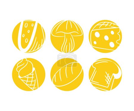 Téléchargez les illustrations : Croquis nourriture et dessert sur des boutons jaunes illustration - en licence libre de droit