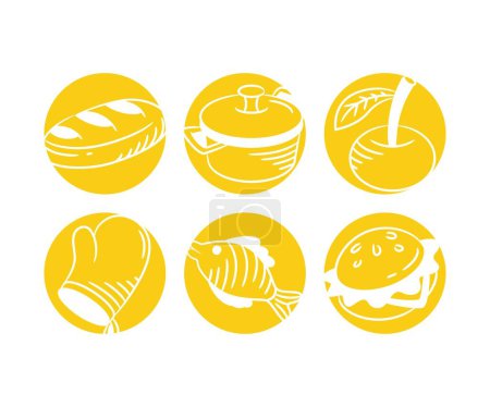 Téléchargez les illustrations : Nourriture et ustensiles de cuisine en bouton jaune illustration - en licence libre de droit