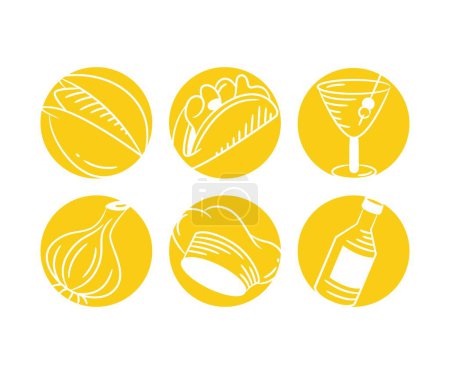Téléchargez les illustrations : Croquis nourriture, ail, chapeau de chef en boutons jaunes - en licence libre de droit