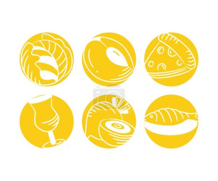 Téléchargez les illustrations : Croquis fruits, légumes et pizza en boutons jaunes - en licence libre de droit